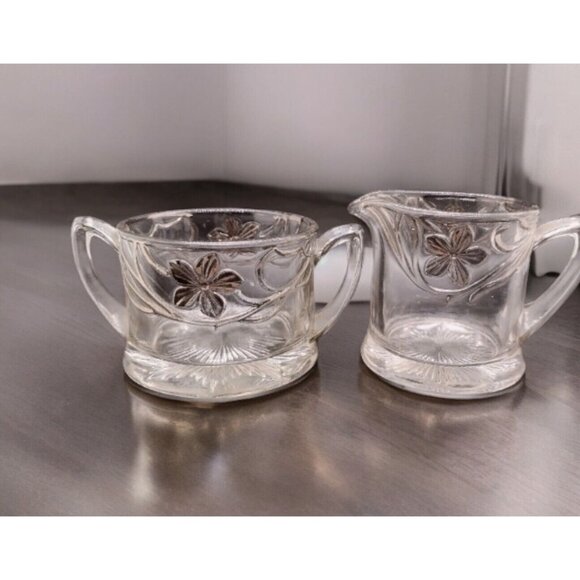 Indiana Glass Co EAPG Antique Open Creamer Sugar Set Clear Silver Floral - Picture 1 of 8